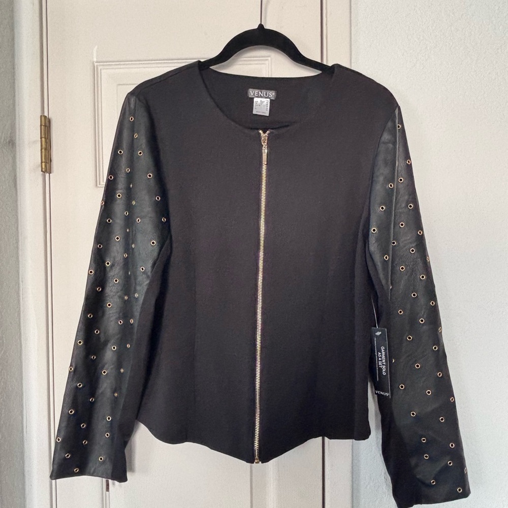 VENUS Black Zip up Jacket Top with Gold Eyelets Detail in sleeves.